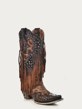 A3618 - WOMEN'S LEOPARD PRINT WITH FRINGE AND STUDS SNIP TOE COWBOY BOOT