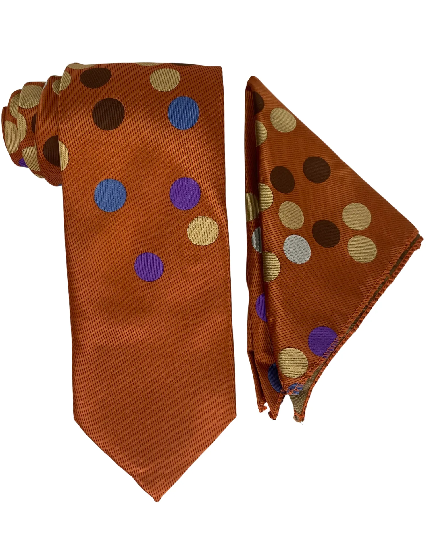 Bruno Conte Polka Dot Tie and Handkerchief - Orange Rust