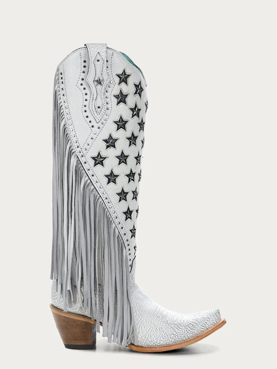 C4155 - WOMEN'S LUMINESCENT EMBROIDERY AND STARS WITH LAMB FRINGE WHITE SNIP TOE COWBOY BOOT