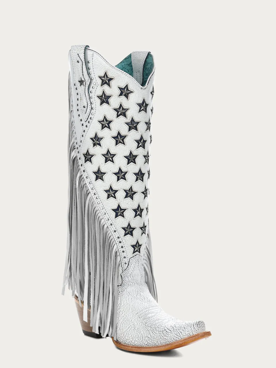 C4155 - WOMEN'S LUMINESCENT EMBROIDERY AND STARS WITH LAMB FRINGE WHITE SNIP TOE COWBOY BOOT