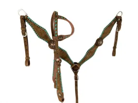 Chocolate Rough Out Teal Buckstitch Headstall Set