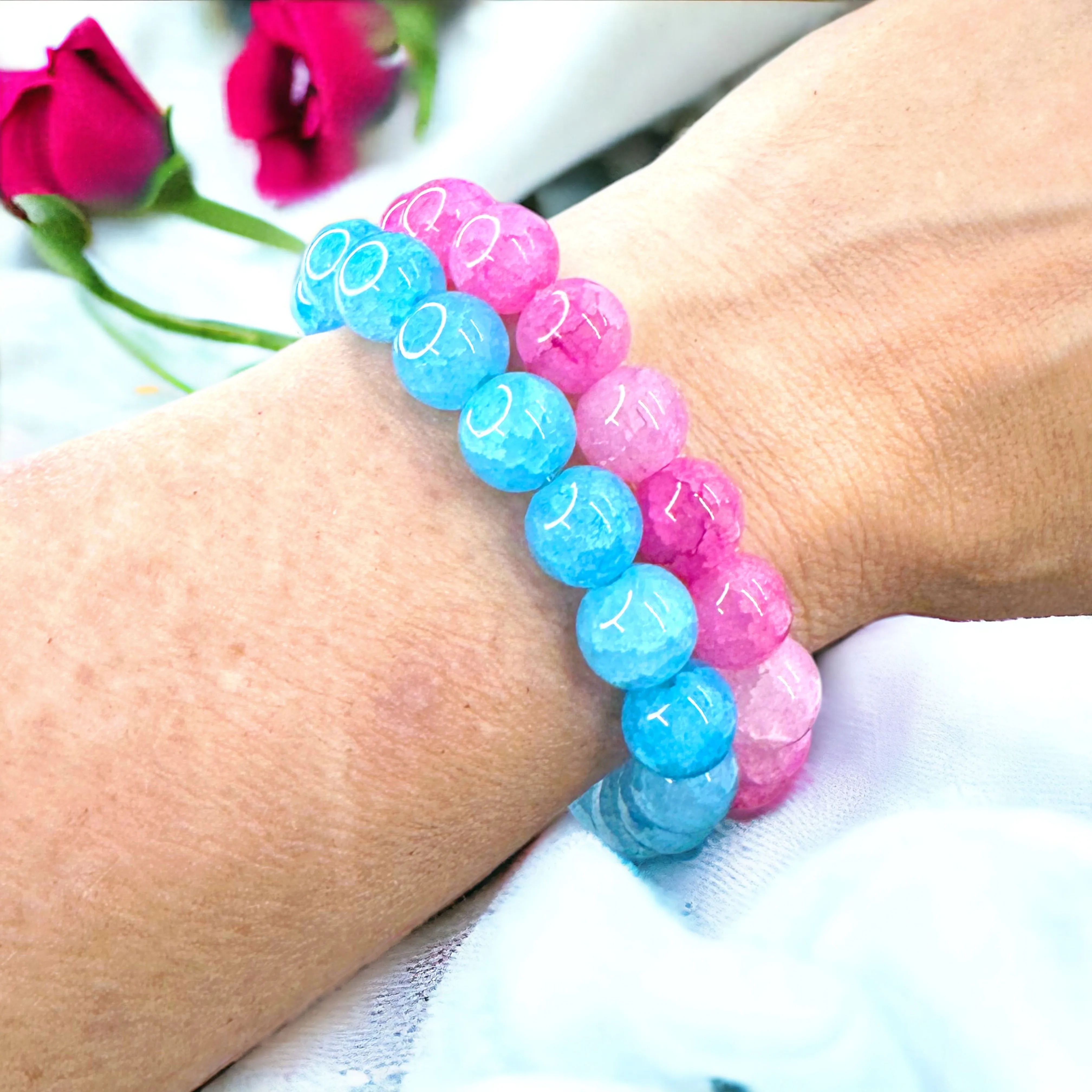 Gender Reveal Accessories Set of 2 Stretchy Bracelets - 1 Pink & 1 Blue