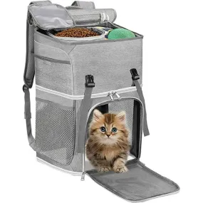 Large Pet Carrier Backpack, Cat Backpack or Small Dog Backpack for Travel , Cat Carry Bag with Food Container & Super Ventilated Design, Perfect for Traveling/Hiking/Camping,Gray