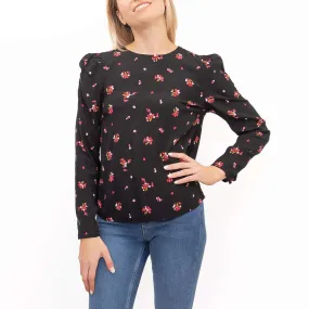 M&S Black Ditsy Floral Print Long Puff Sleeve Round Neck Tops