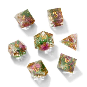 Purple and Green Timeless Flower Sharp Edge Resin 7pc Dice Set