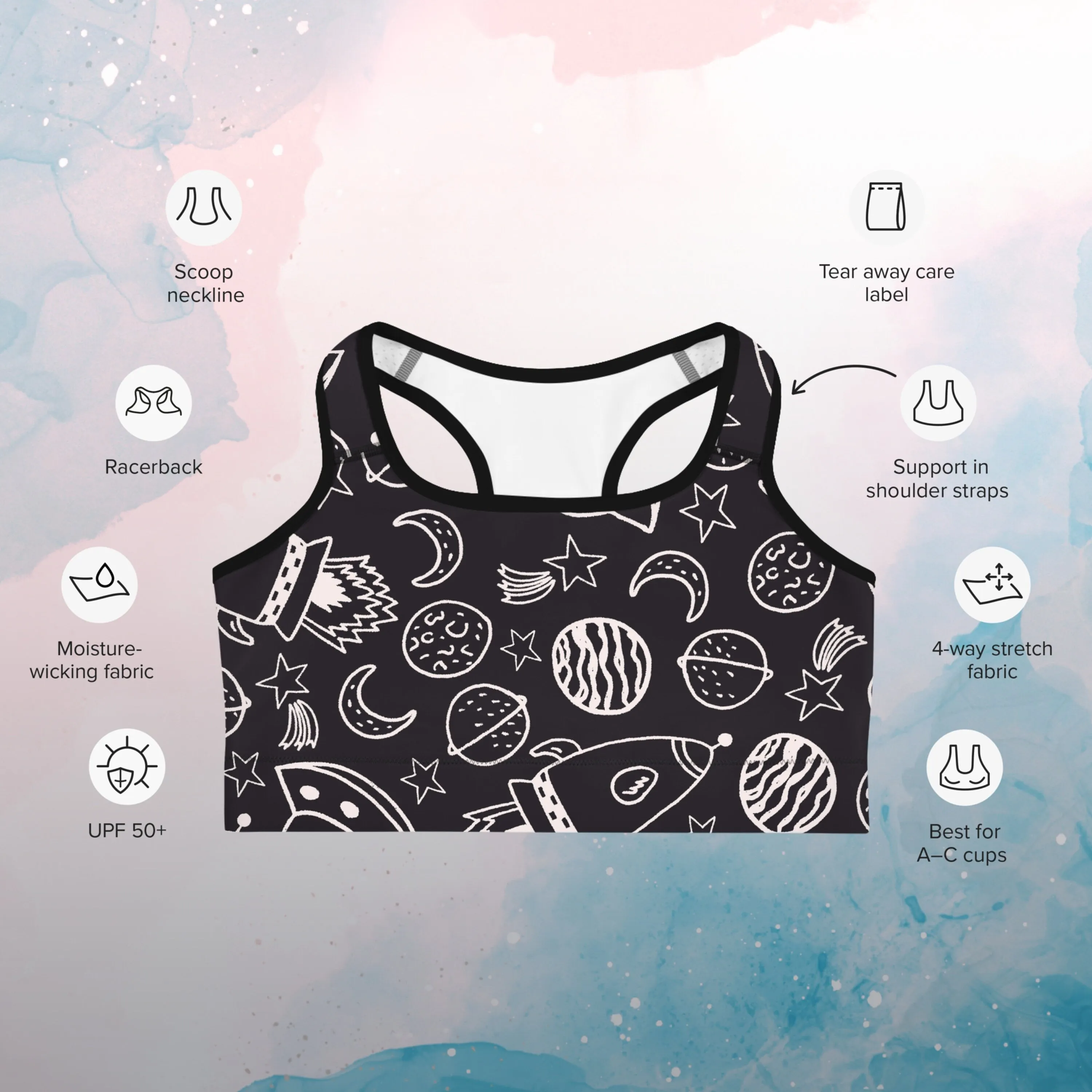 Rocket Ships and Planets Womens Sports Bra Gym Top