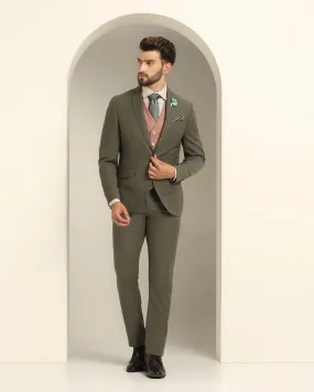 Three Piece Olive Textured Formal Suit - Xomnia