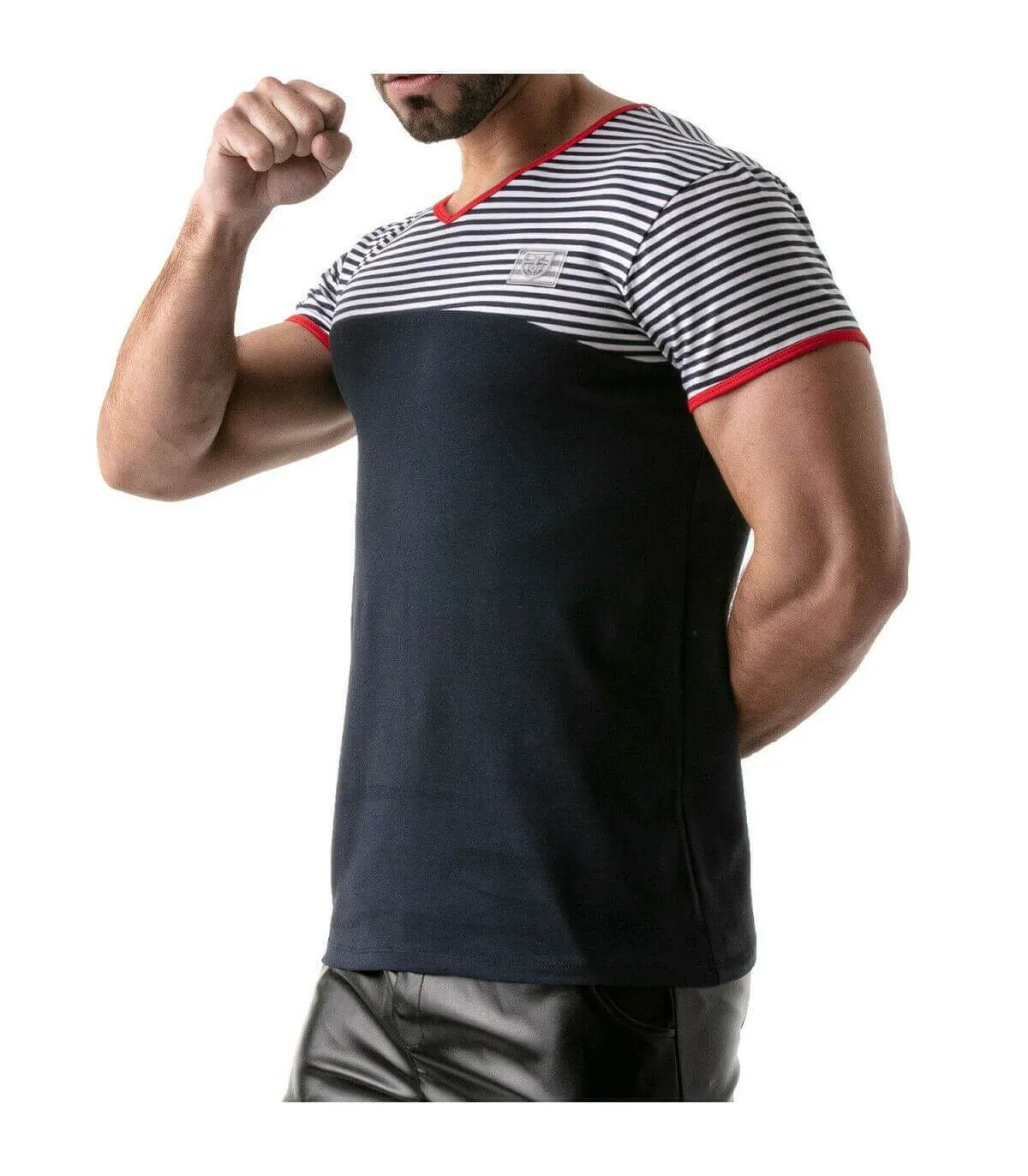 ''TOF PARIS'' T-Shirt Half-Striped Cotton Jersay Casual Modern Style Red 22