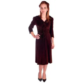 Vintage Chocolate Brown Velvet Day Dress 1930s Draping 38-28-47