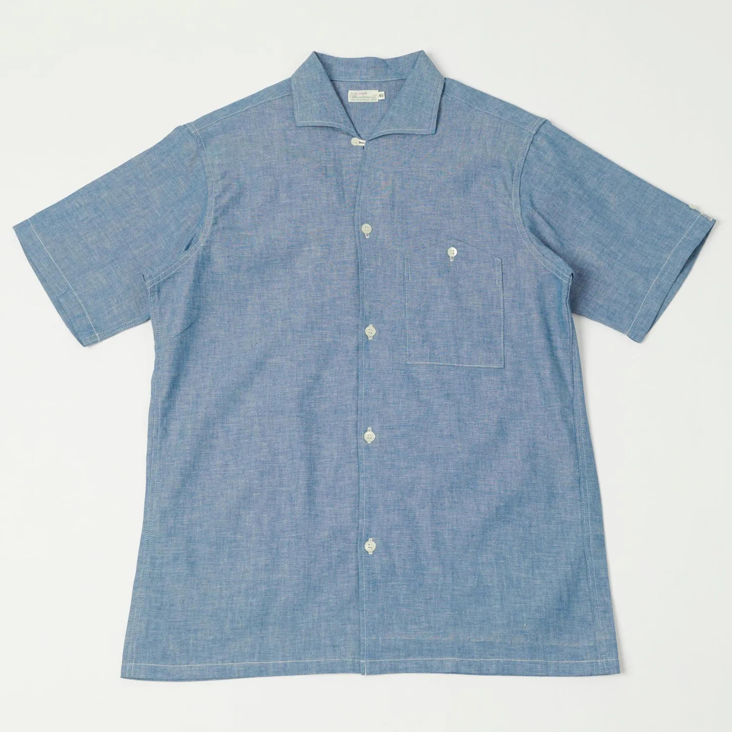 Warehouse & Co 3091 S/S Open Collar Shirt - Chambray Blue