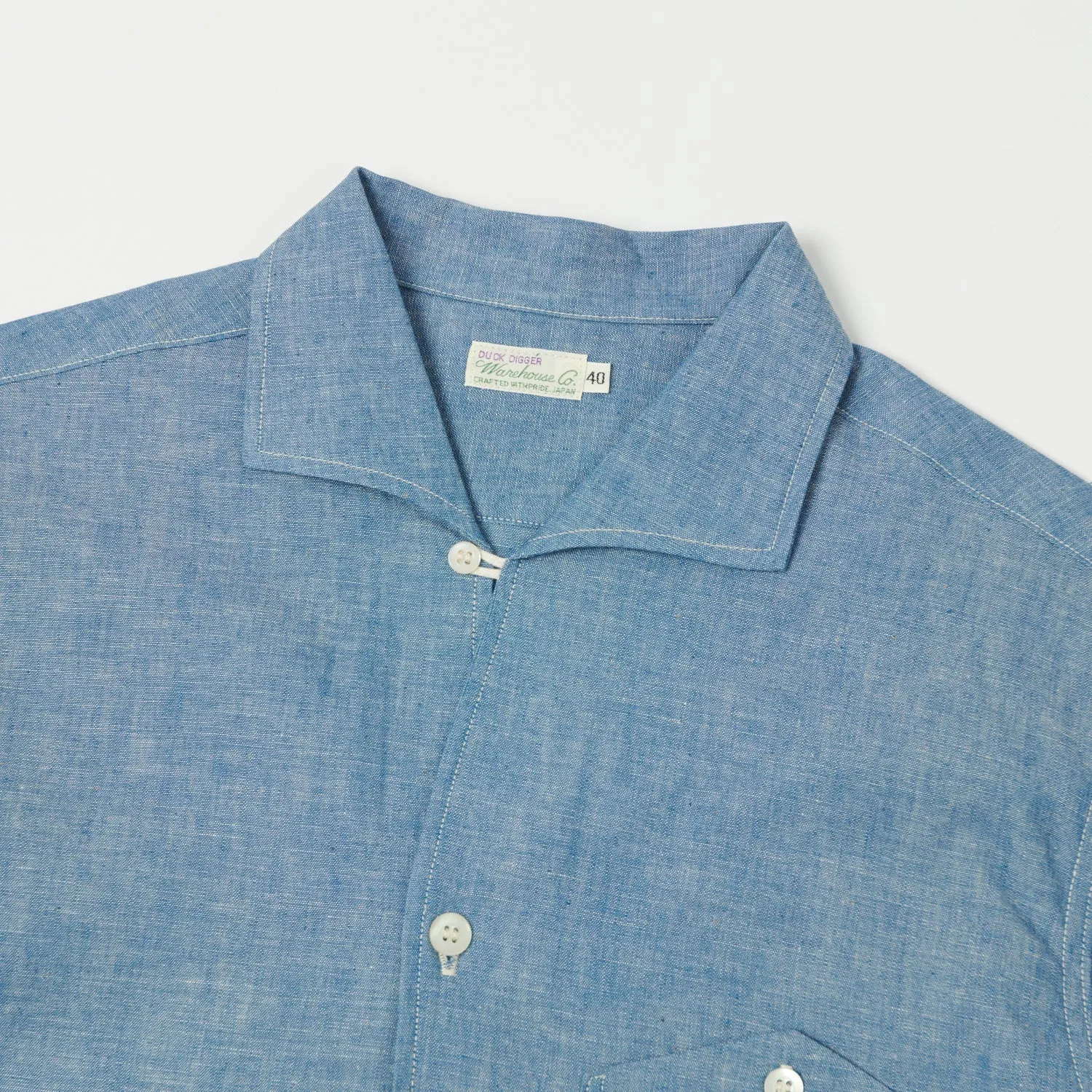 Warehouse & Co 3091 S/S Open Collar Shirt - Chambray Blue