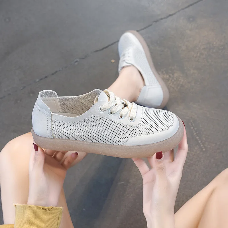 Women Summer Hollow Leather Casual Flats Shoes